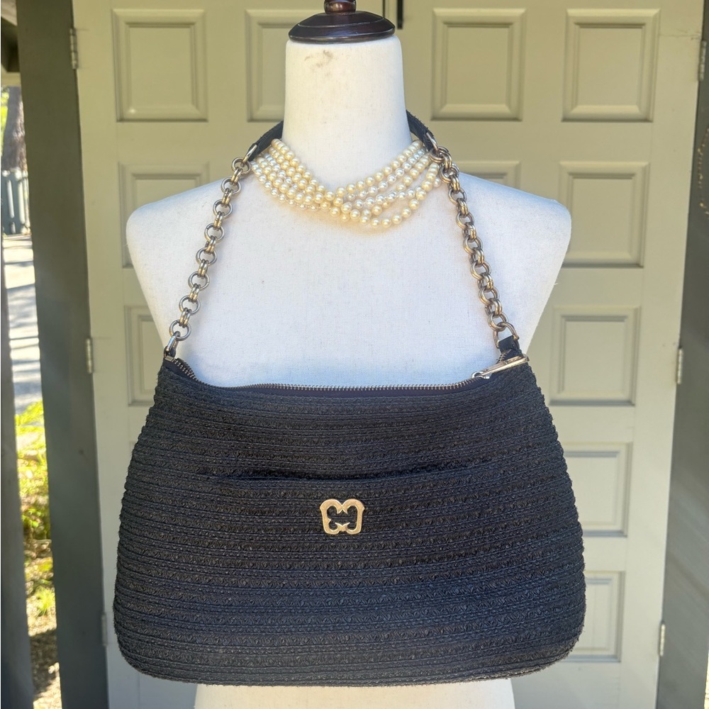 Eric Javits Black Straw Woven Chain Shoulder Bag